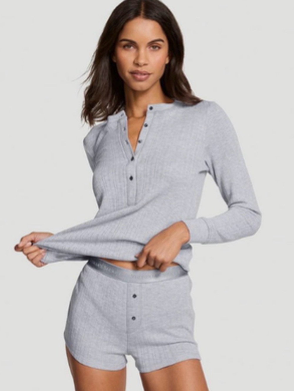 Victoria’s Secret Cozy Pointelle Henley Long Pajama Set - Heather Grey